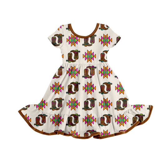Preorder(moq 8)Baby Girls Short Sleeve Aztec Boots Western Ruffle Knee Length Dresses
