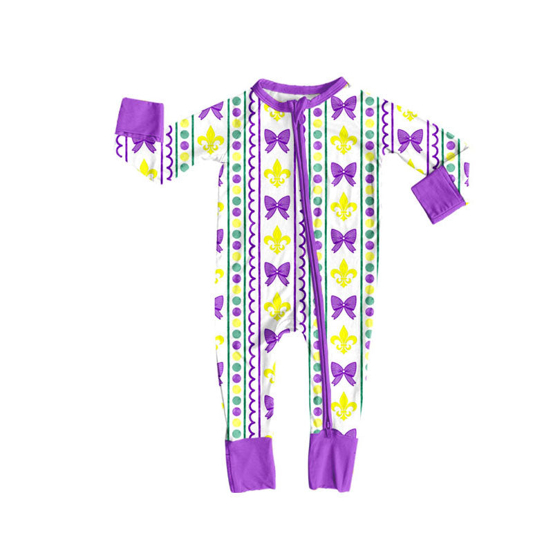 Preorder (moq 5)Baby Girls Purple Yellow Green Bows Mardigras Zipper Footie Rompers