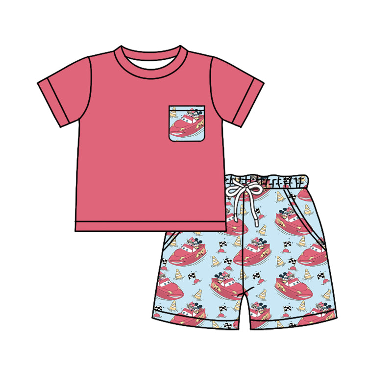 Preorder moq 5 Baby Boys Red Short Sleeves Pocket Top Cartoon Cars Mouse Short Set