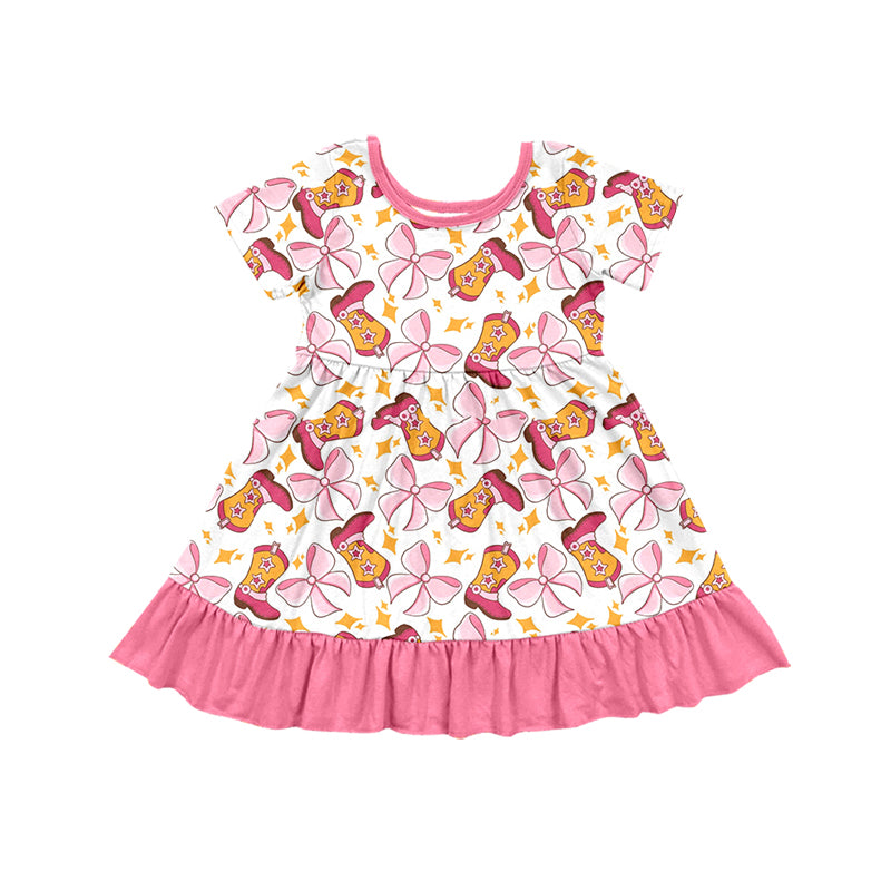 Preorder (moq 5)Baby Girls Short Sleeves Pink Bows Boots Knee Length Dress