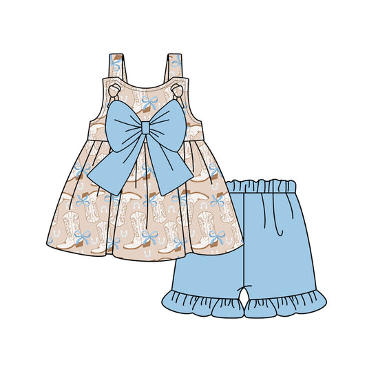 Preorder moq 5 Baby Girls Blue Strap Bows Boots Tunic Ruffle Short Set