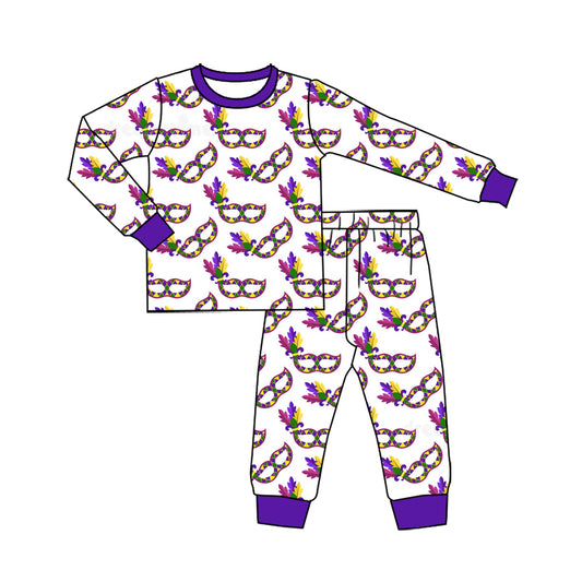 Preorder (moq 5) Baby Girl Clothes Mardi Gras Mask Feather Allover Print Long Sleeve Top Jogger Pant Pajama Set