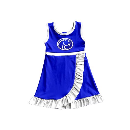 Preorder (moq 5)Baby Girls Blue Sleeveless Cougars Short Team Ruffle Knee Length Dresses