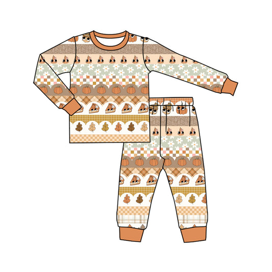 Preorder (moq 5)Baby Boys Long Sleeves Khaki Flowers Pumpkins Top Pant Pajamas Set