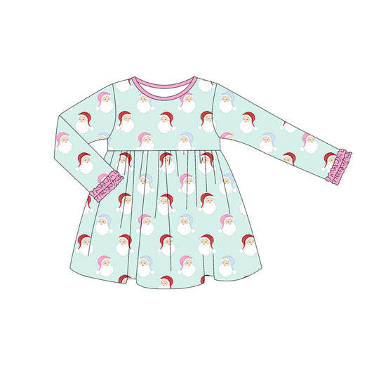 Preorder (moq 5)Baby Girls Blue Long Ruffle Sleeves Santa Plaid Knee Length Dresses