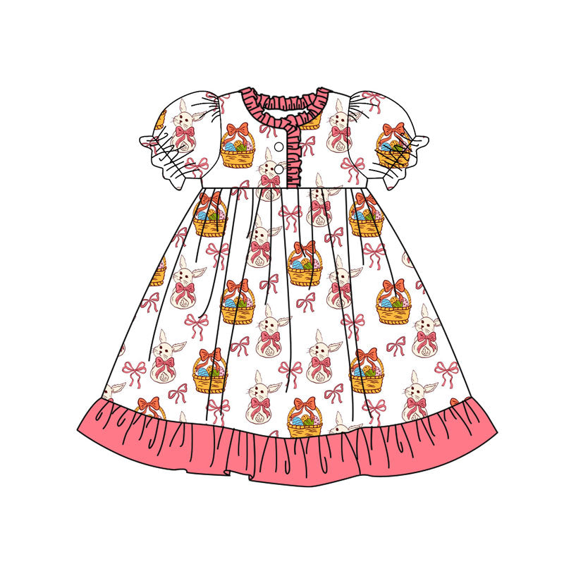 Preorder(moq 8)Baby Girls Bows Rabbits Eggs Button Ruffle Easter Knee Length Dresses