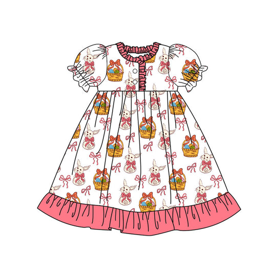Preorder(moq 8)Baby Girls Bows Rabbits Eggs Button Ruffle Easter Knee Length Dresses