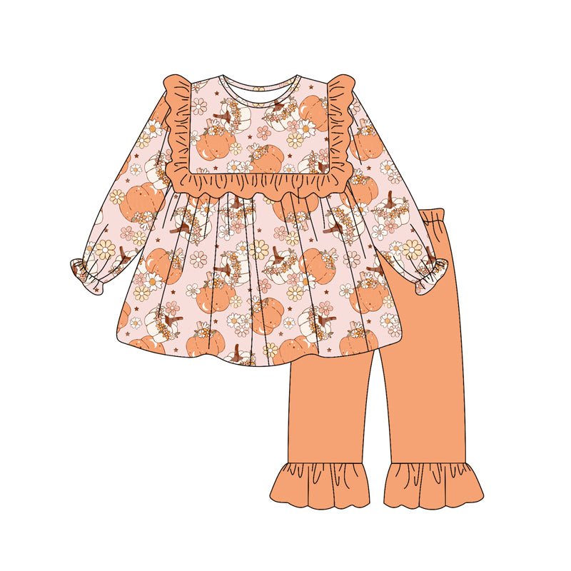 Preorder (moq 5)Baby Girls Long Ruffle Sleeves Peach Floral Pumpkins Tunic Pant Set