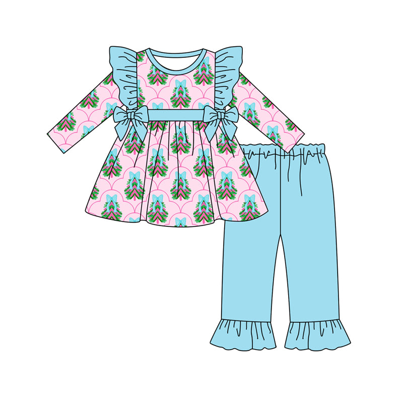 Preorder (moq 5)Baby Girls Long Sleeves Trees Plaid Bows Tunic Blue Ruffle Pant Set