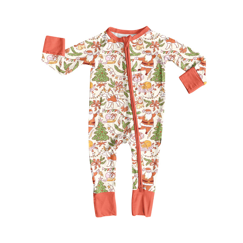 Preorder (moq 5)Baby Girls Long Sleeves Peach Santa Trees Zipper Romper