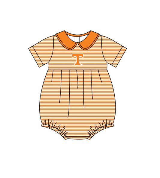 Preorder (moq 5)Baby Girls Short Sleeve Orange T Team Ruffle Rompers