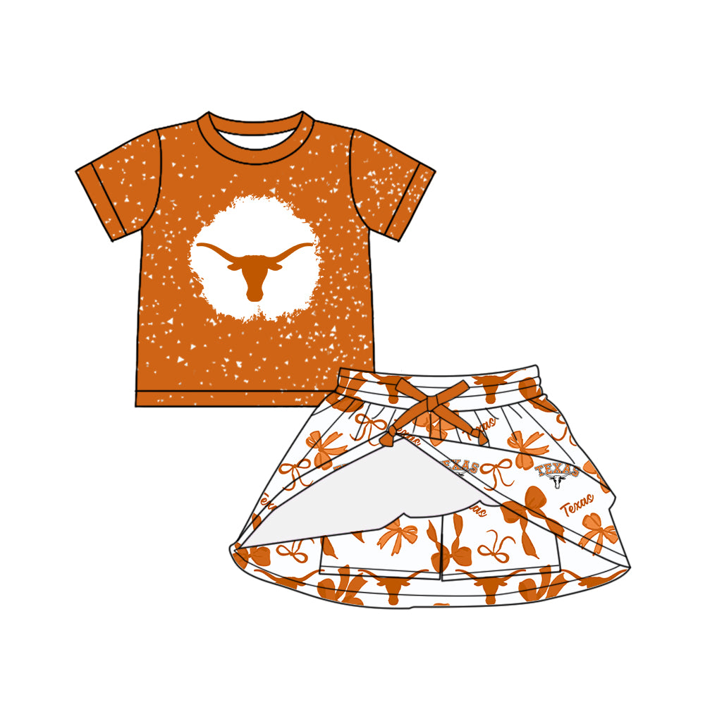 Preorder (moq 5)Baby Girls Orange Short Sleeves TEXAS Top Bows Plaid Skorts Team Set