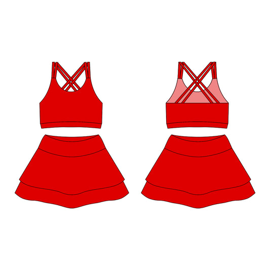 Preorder moq 10 Baby Girls Red Strap Activity Wear Vests Top Short Skirts Yoga Set
