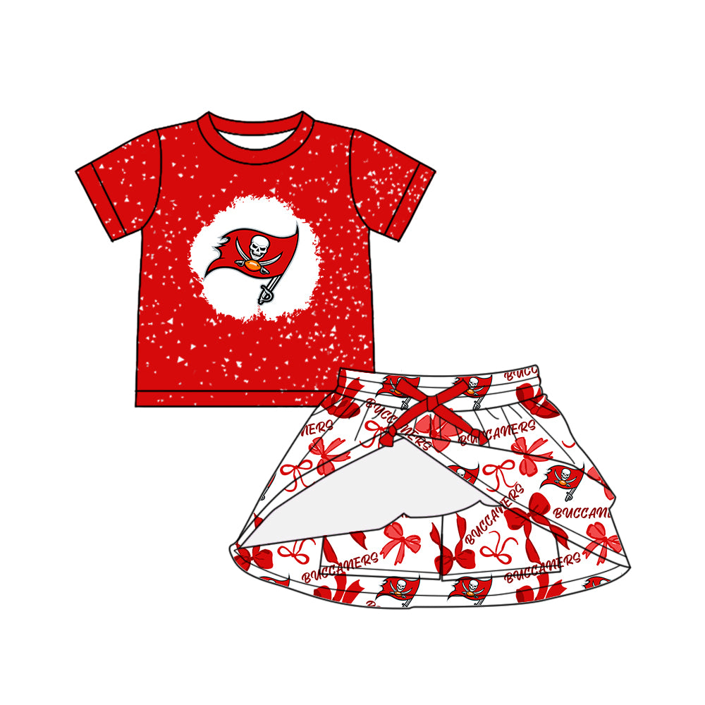Preorder (moq 5)Baby Girls Red Short Sleeves Buccaners Top Bows Plaid Skorts Team Set