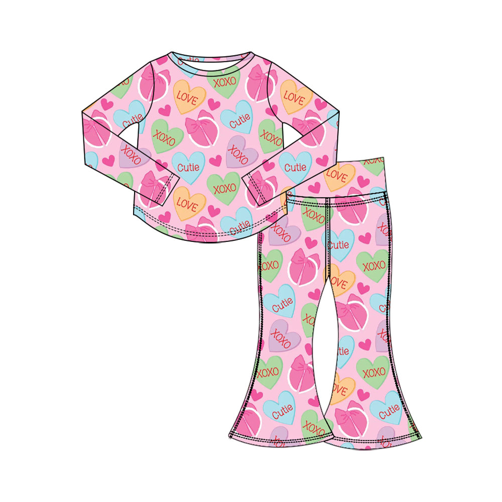 Preorder (moq 5) Baby Girl Clothes Valentines Candy Heart XOXO Love Cutie Print Long Sleeve Flare Pant Set