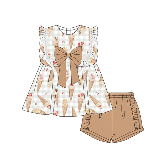 Preorder moq 5 Baby Girls Sleeveless Ice-cream Strawberry Tunic Khaki Ruffle Short Set
