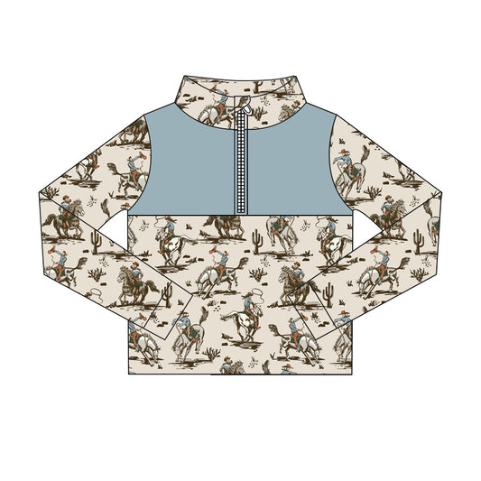 Preorder (moq 5)Baby Boys Horse Rodeos Cactus Western Zip Pullovers Tops