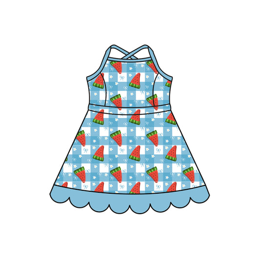Preorder (moq 5)Baby Girls Strap Blue Bows Checked Watermelon Scallop Knee Length Dress