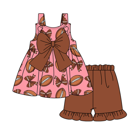 Preorder (moq 5)Baby Girls Pink Strap Footballs Bows Tunic Ruffle Shorts Clothes Sets