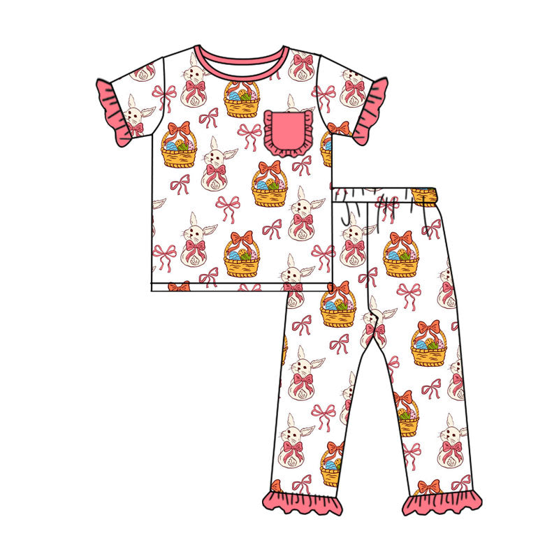 Preorder(moq 8)Baby Girls Bows Rabbits Eggs Pocket Top Ruffle Pants Easter Pajamas Sets