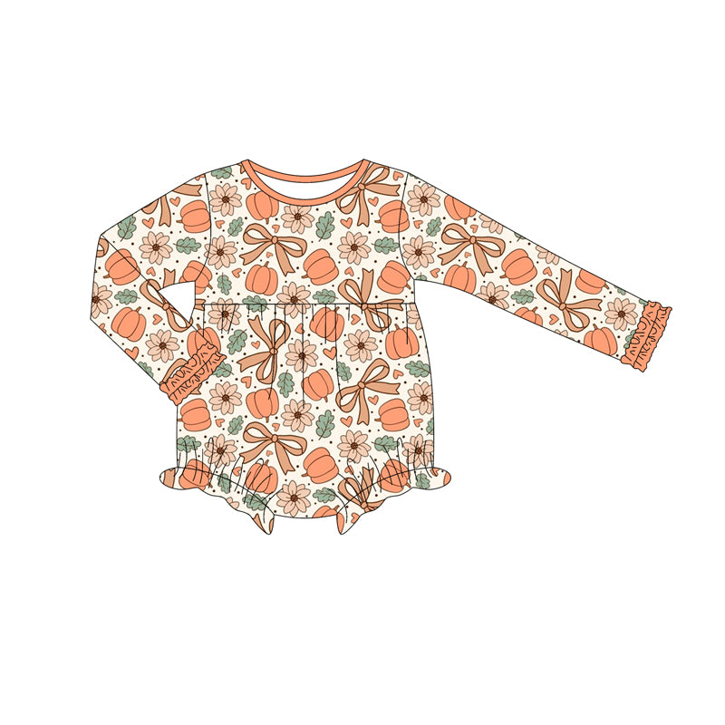 Preorder (moq 5)Baby Girls Long Sleeves Peach Pumpkins Bows Flowers Ruffle Romper