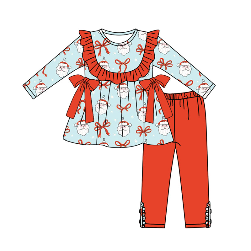 Preorder (moq 5)Baby Girls Long Sleeves Bows Santa Tunic Red Legging Pant Set