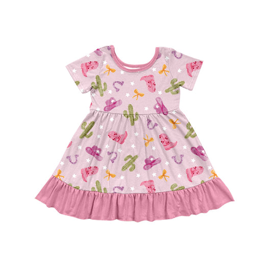 Preorder (moq 5)Baby Girls Cactus Hats Boots Western Ruffle Knee Length Dresses