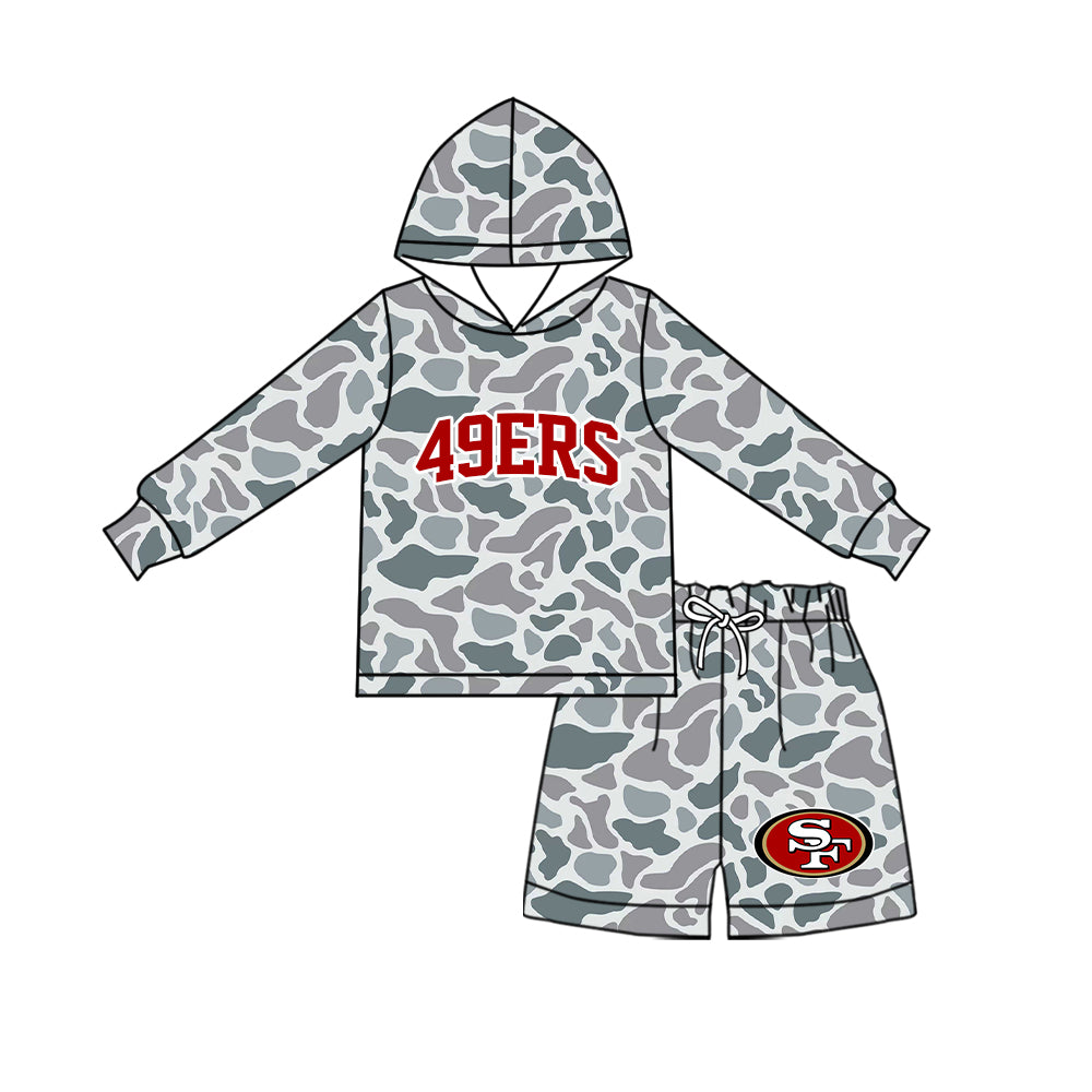 Preorder (moq 5)Baby Boys Grey Camo 49ERS Long Sleeve Hoodie Short Team Clothes Set