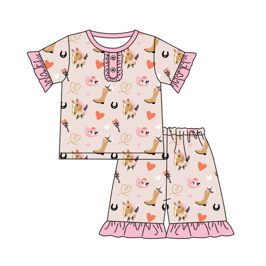 Preorder (moq 5)Baby Girls Pink Short Ruffle Sleeves Boots Hats Hearts Button Top Short Pajamas Sets