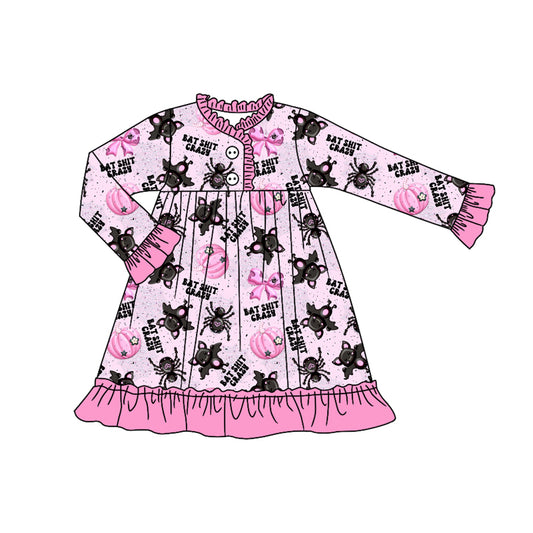 Preorder(moq 5) Baby Girls Long Ruffle Sleeves Bats Pumpkins Plaid Button Knee Length Dresses