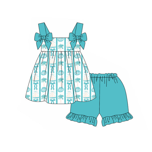 Preorder moq 5 Baby Girls Blue Strap Bows Shell Tunic Ruffle Short Set