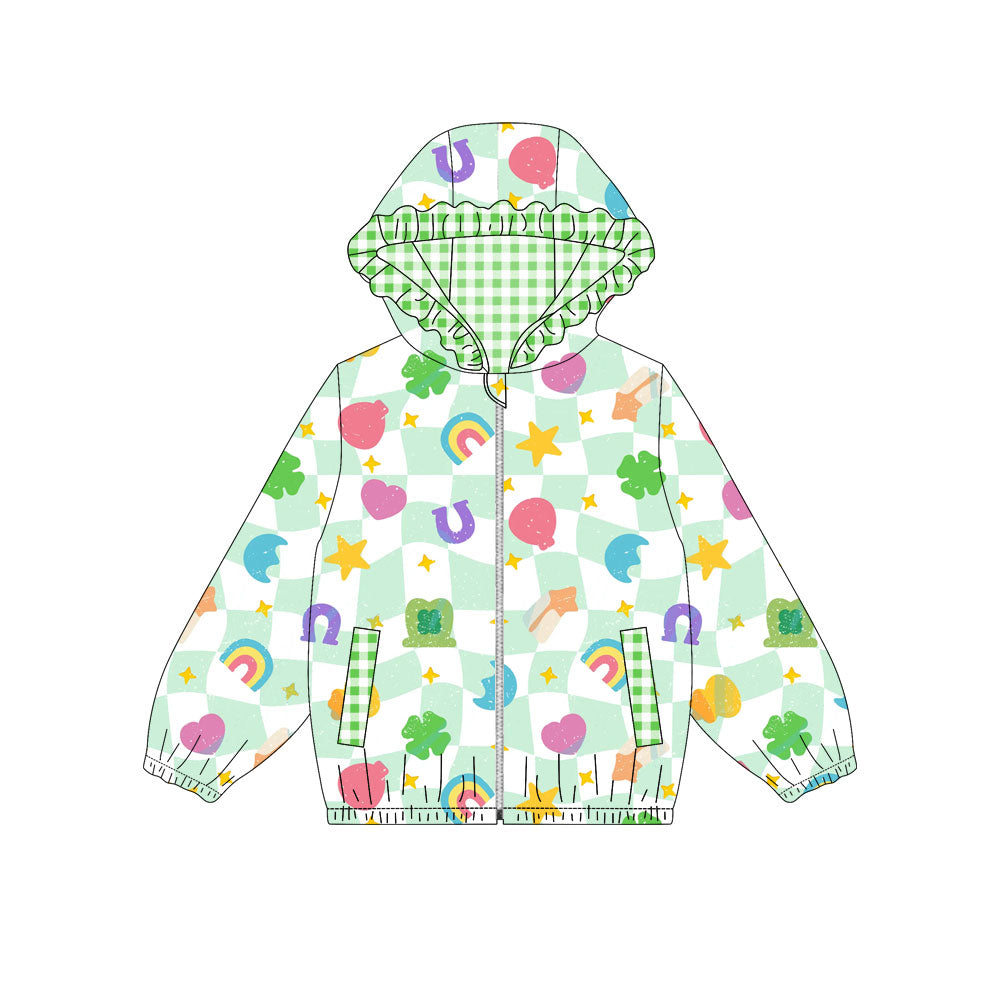 Preorder (moq 5)Baby Girls Green Checked Clovers Stars Pockets Zipper St Patrick Ruffle Hoodies Top