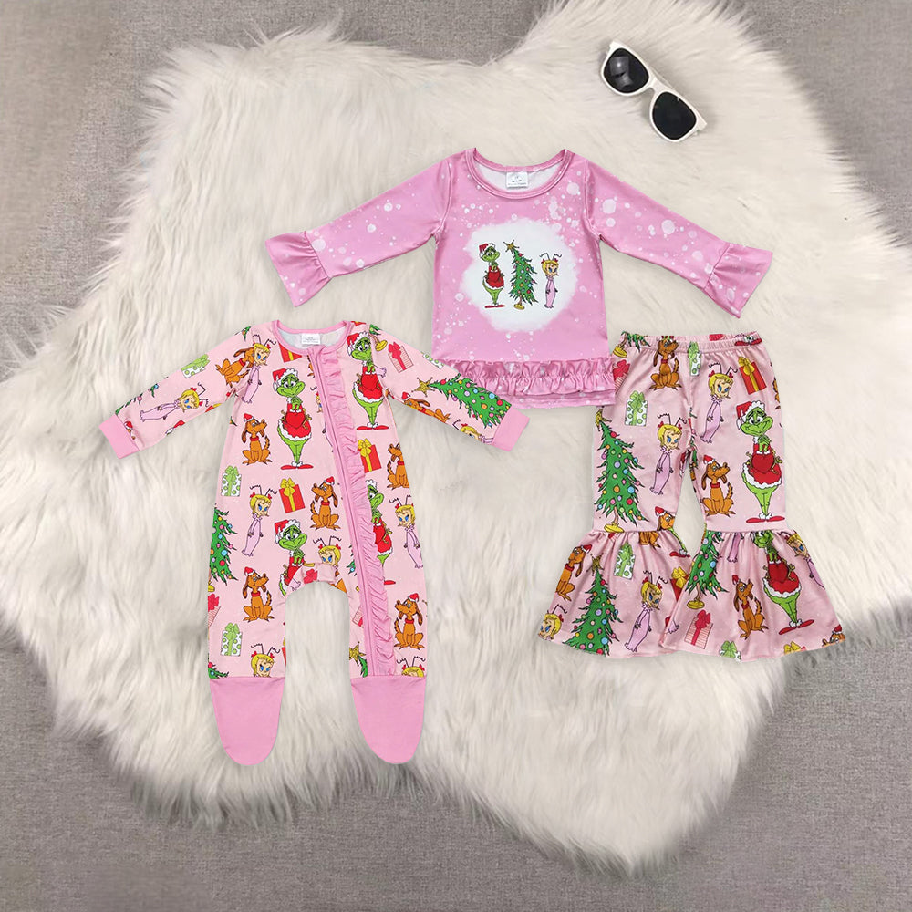 Sibling Baby Girls Christmas Pink Frog Top Bell Bottom Pant Set Zipper Romper