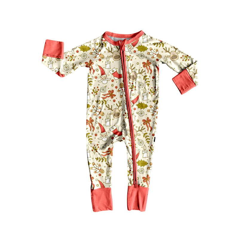 Preorder (moq 5)Baby Girls Long Sleeves Green Santa Gingerbread Zipper Rompers