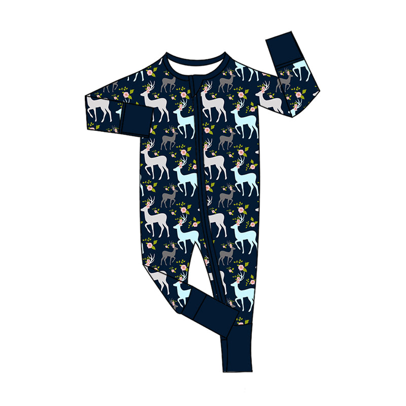 Preorder (moq 5)Baby Girls Flowers Deer Two Way Zip Convertible Hunting Rompers