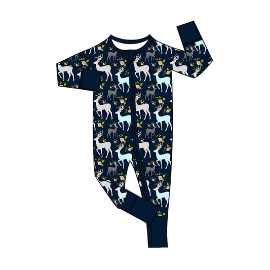 Preorder (moq 5)Baby Girls Flowers Deer Two Way Zip Convertible Hunting Rompers