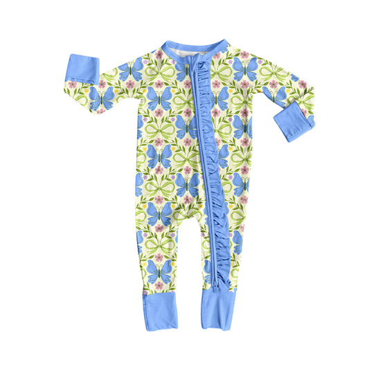 Preorder (moq 5)Baby Girls Bows Flowers Butterfly Two Way Ruffle Zip Convertible Rompers