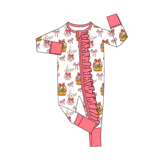 Preorder (moq 8)Baby Girls Bows Rabbits Eggs Easter Ruffle Zipper Footie Rompers