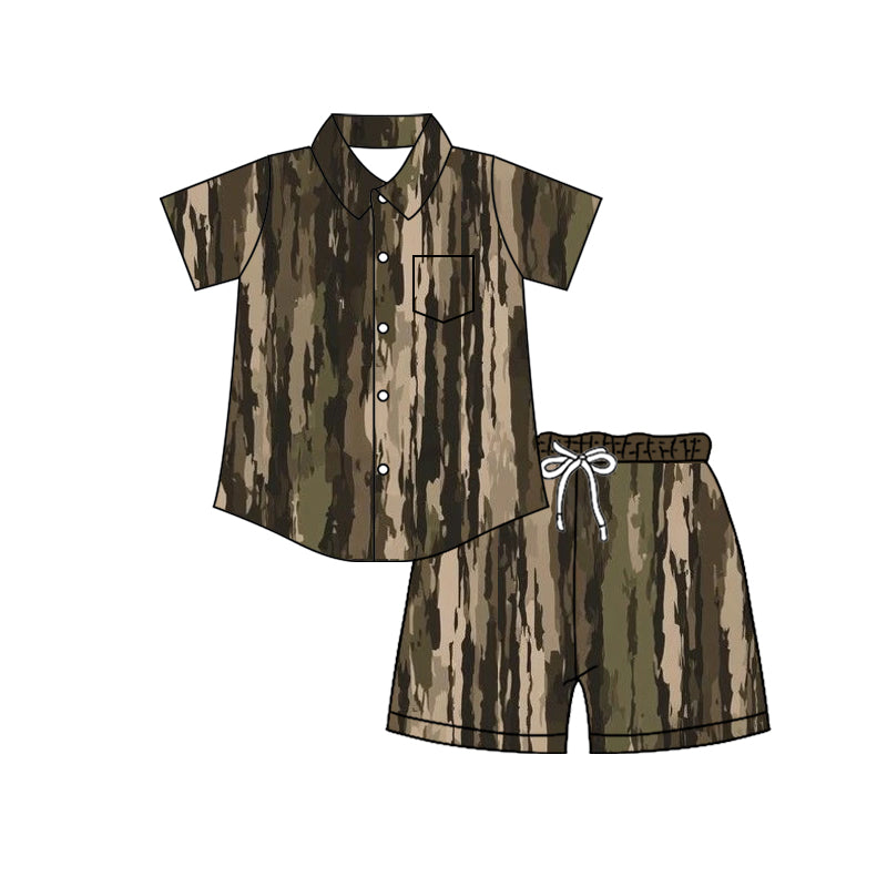 Preorder (moq 5)Baby Boys Southern Olive Camo Button Pocket Top Short Clothes Sets