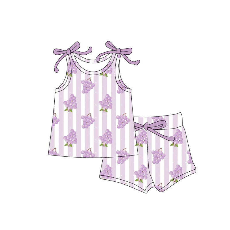 Preorder moq 5 Baby Girls Bows Sleeveless Lavender Stripe Grape Top Short Set