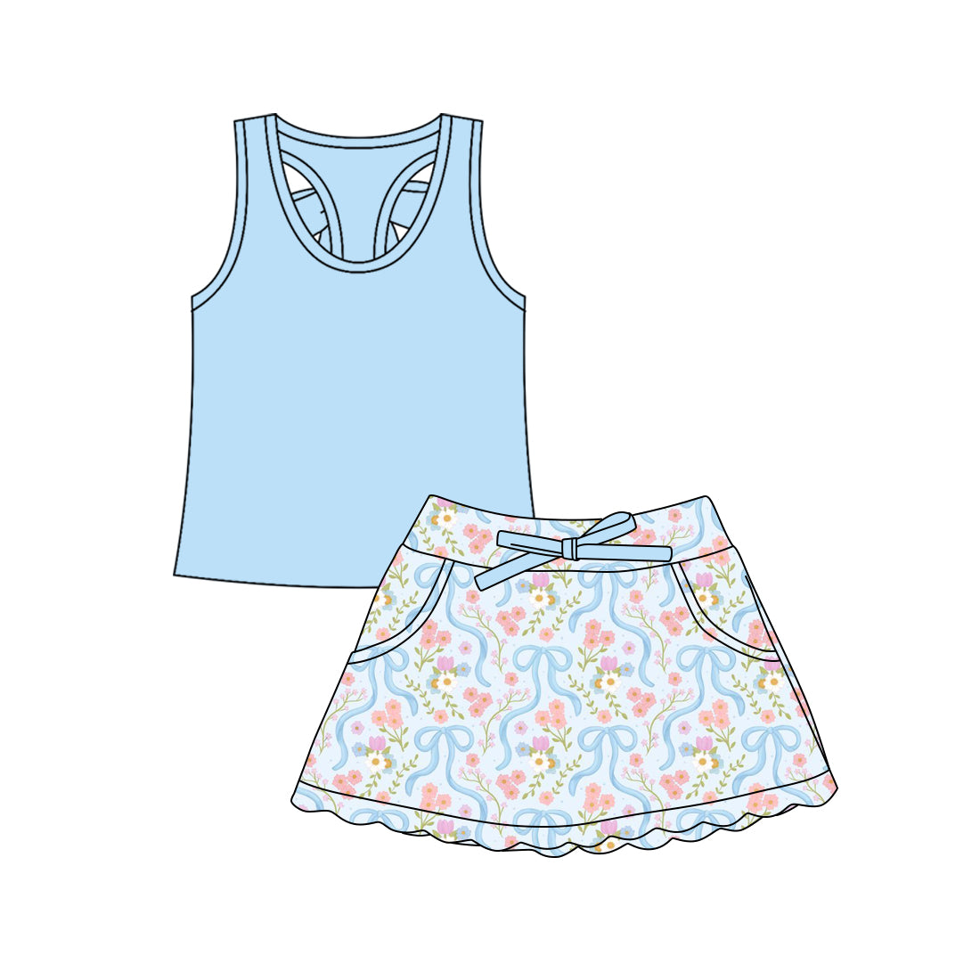 Preorder (moq 5)Baby Girls Blue Vests Bows Flowers Scallop Pockets Skirt Shorts Clothes Sets