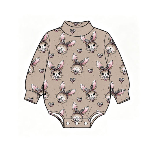Preorder (moq 5) Baby Girl Clothes Leopard Bow Bunny Heart Print Long Sleeve Mock Neck Baby Bodysuit