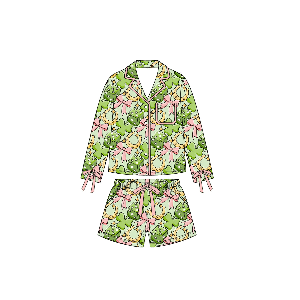 Pre-order(moq5)  Girls’  Pink Long-Sleeve Collared Bow Clover Pajama Set with Elastic-Waist Shorts