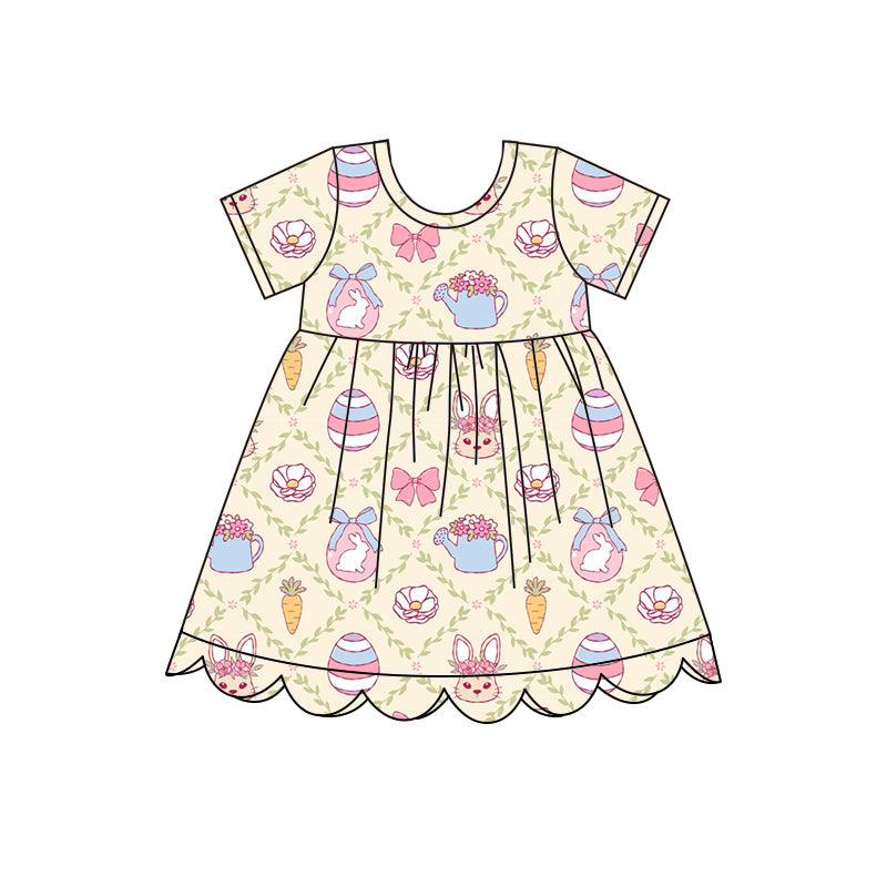 Preorder moq 5Baby Girls’ & Girls’ Spring Easter Yellow Cute Rabbit Print Crew Neck Short Sleeve Dress