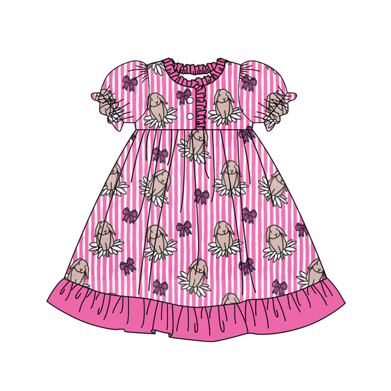 Preorder(moq 8)Baby Girls Pink Stripe Flowers Rabbits Button Ruffle Easter Knee Length Dresses