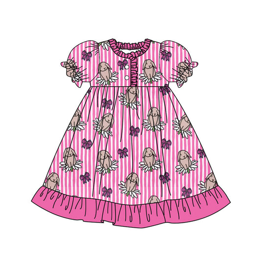 Preorder(moq 8)Baby Girls Pink Stripe Flowers Rabbits Button Ruffle Easter Knee Length Dresses