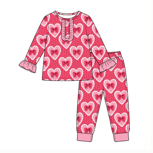 Preorder (moq5) Baby Girls Bows Flowers Polka Dots Button Top Pant Valentines Pajamas Set