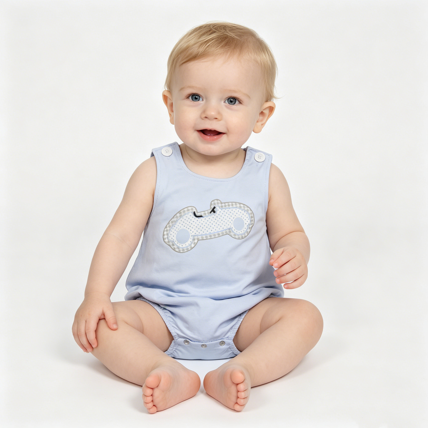 Baby Boys Sleeveless Embroidery Blue Cars Rompers