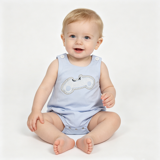 Baby Boys Sleeveless Embroidery Blue Cars Rompers