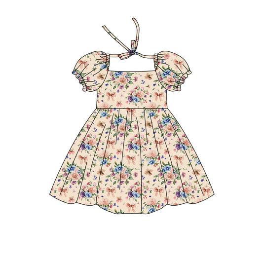 Preorder (moq 5)Baby Girls Short Ruffle Sleeve Colorful Flowers Bows Knee Length Dresses